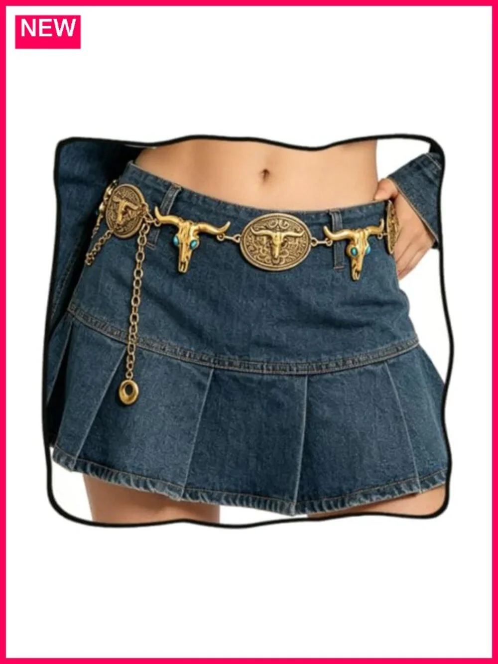 Metal Chain Belt with Bull Skull Pendant - Western Cowgirl Waist Chain